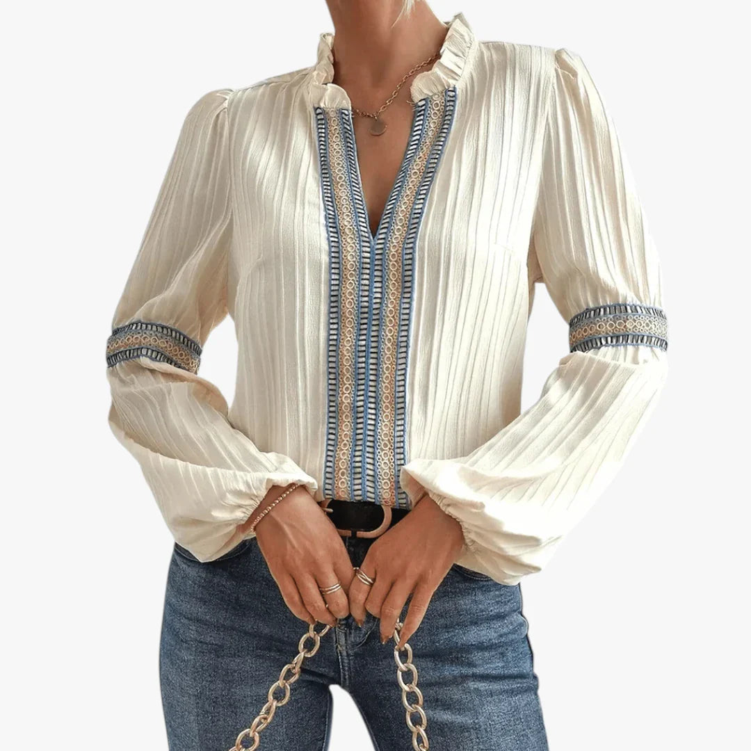 Dame Elegant Sommerbluse med Broderi og V-Udskæring