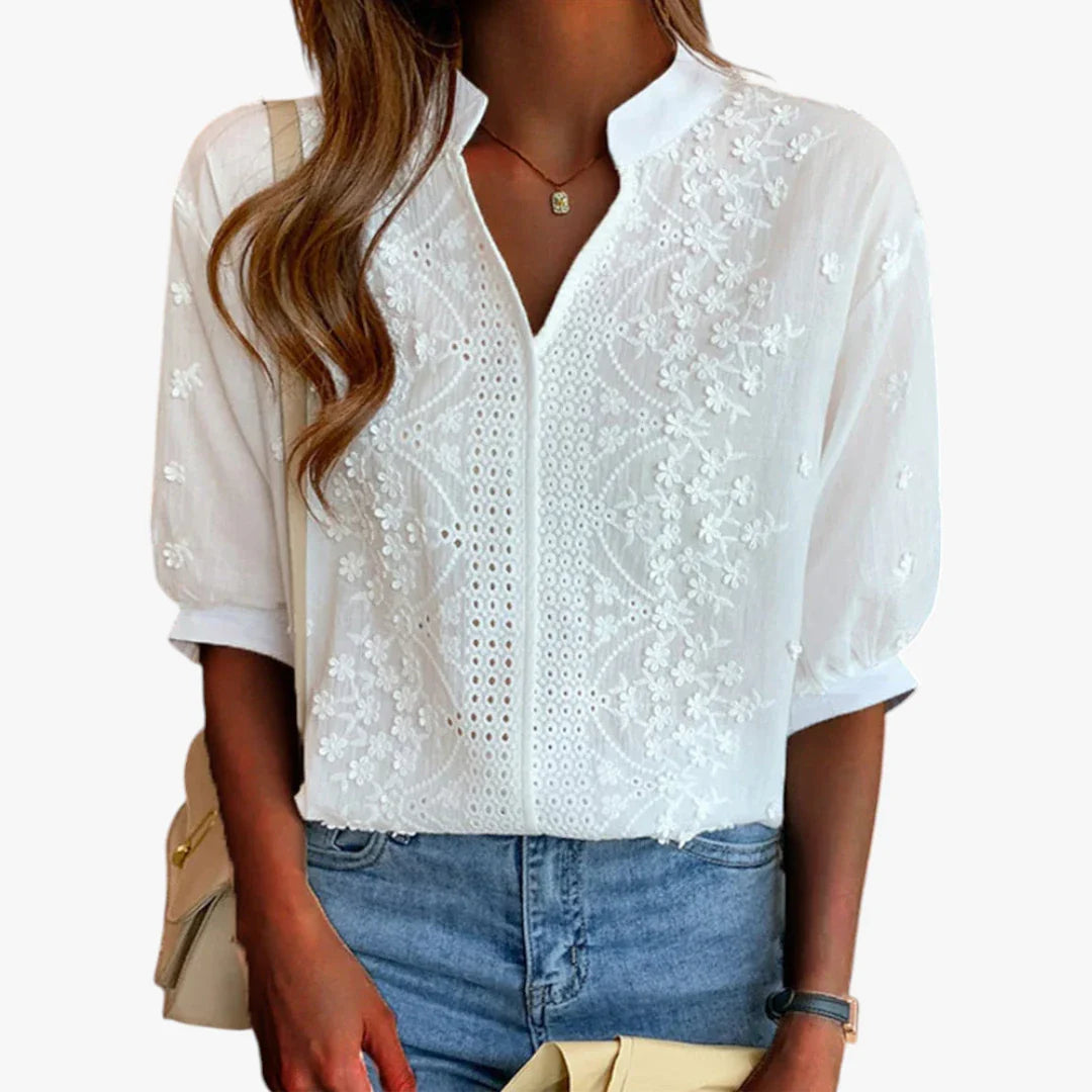 Dame Elegant Sommerbluse med V-Udskæring og Broderi