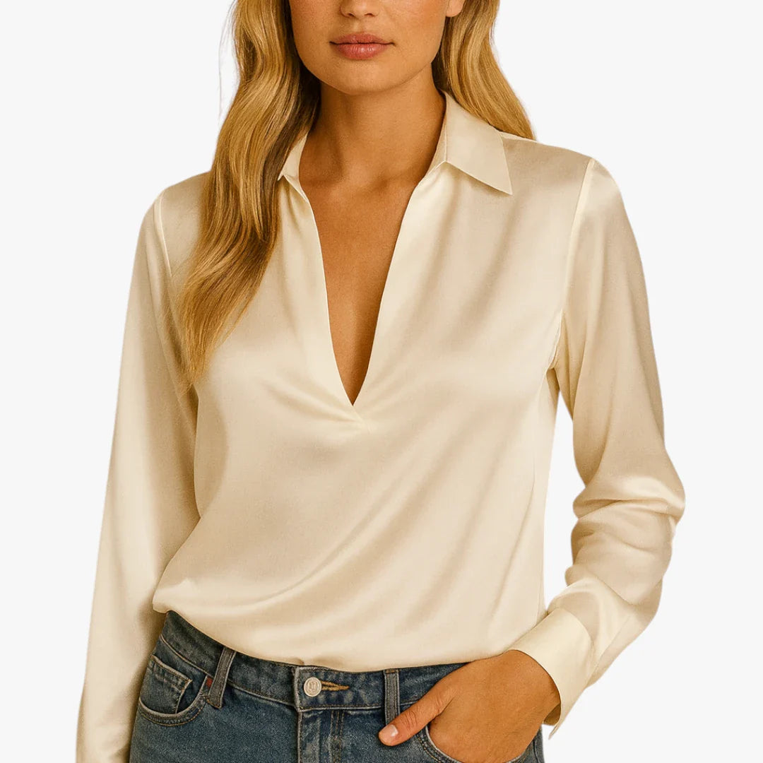 Dame Elegant Sommerbluse med V-Udskæring og Krave