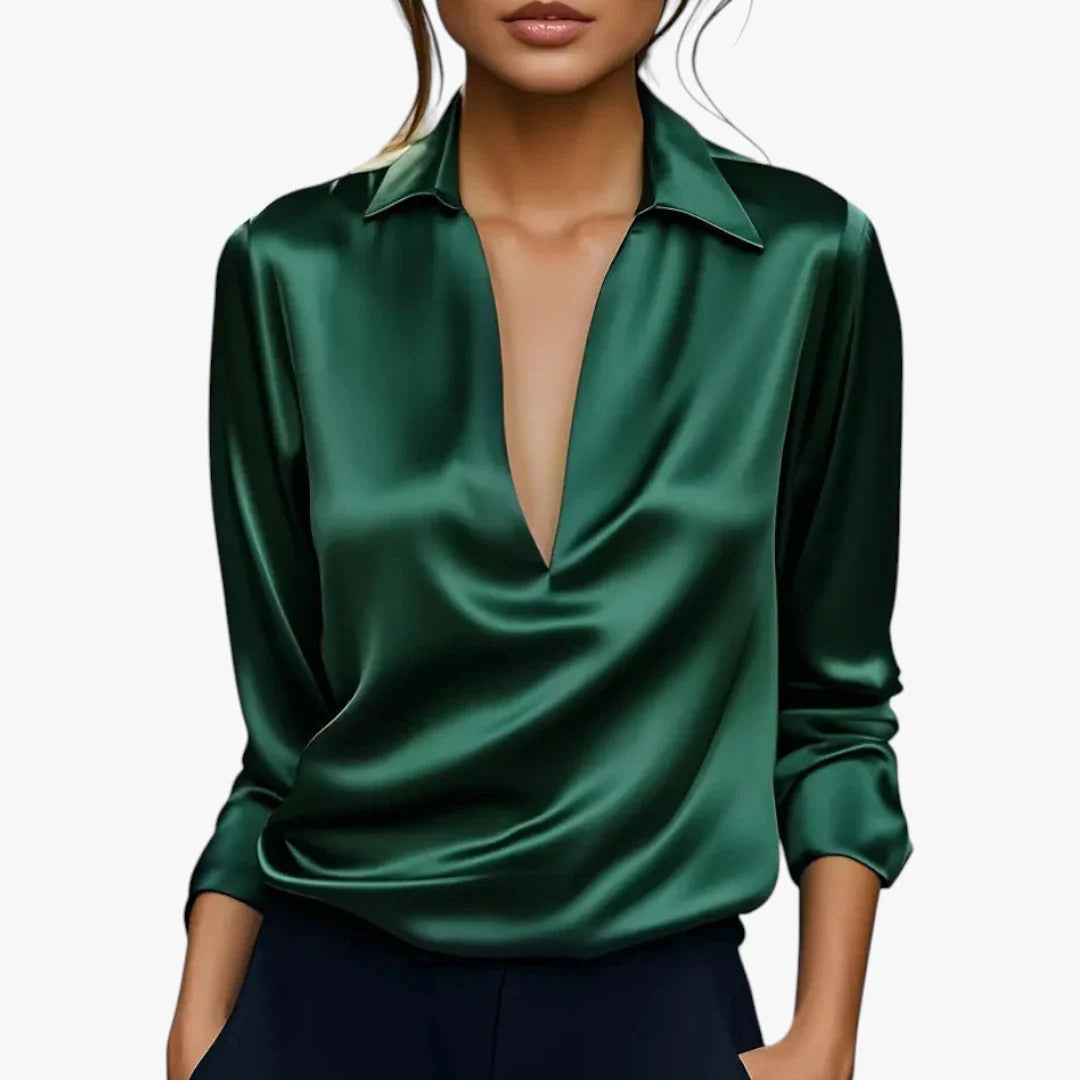 Dame Elegant Sommerbluse med V-Udskæring og Krave