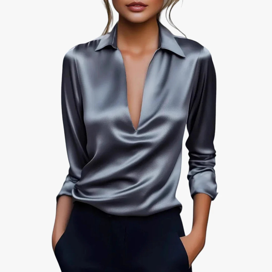Dame Elegant Sommerbluse med V-Udskæring og Krave