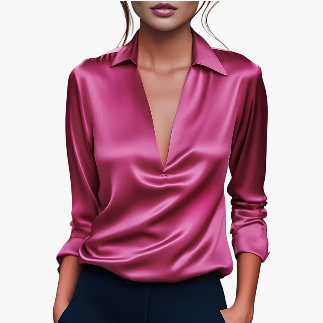 Dame Elegant Sommerbluse med V-Udskæring og Krave