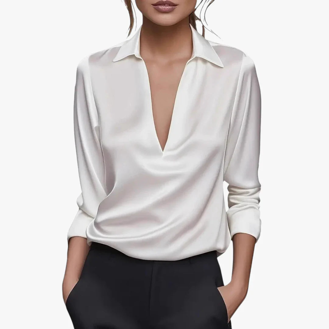 Dame Elegant Sommerbluse med V-Udskæring og Krave
