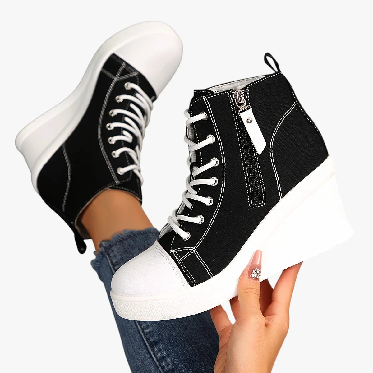 Dame Høje Lette Sneakers med Kilehæl og Snøre