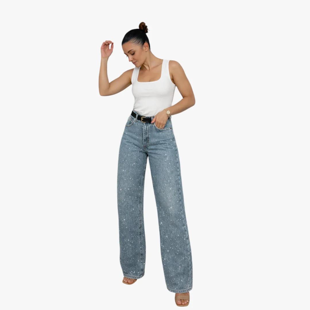 Dame Højtaljede Jeans med Glimmer og Brede Ben