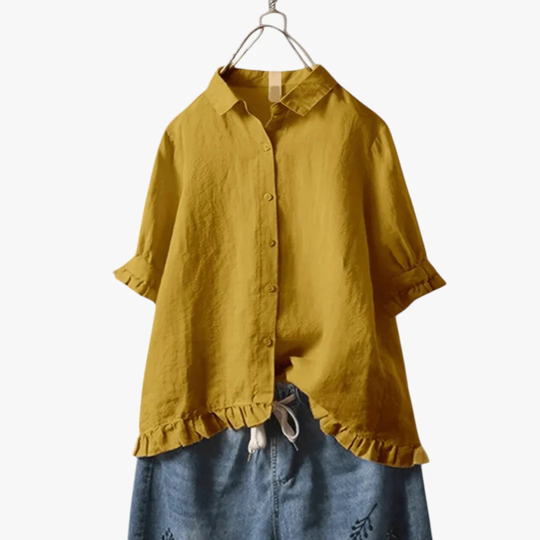 Dame Kortærmet Skjortebluse med Flæser og Knapper