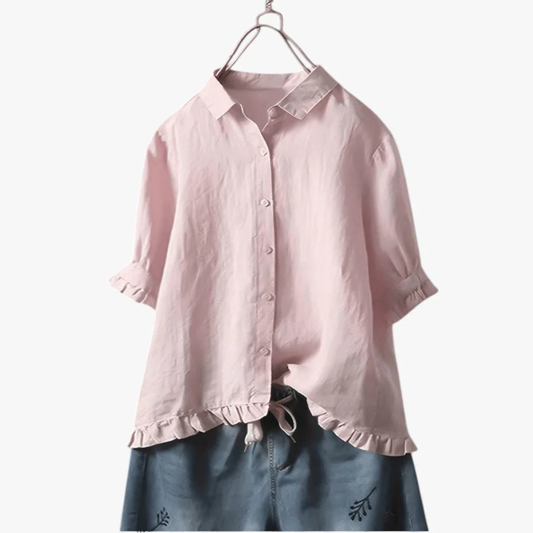 Dame Kortærmet Skjortebluse med Flæser og Knapper