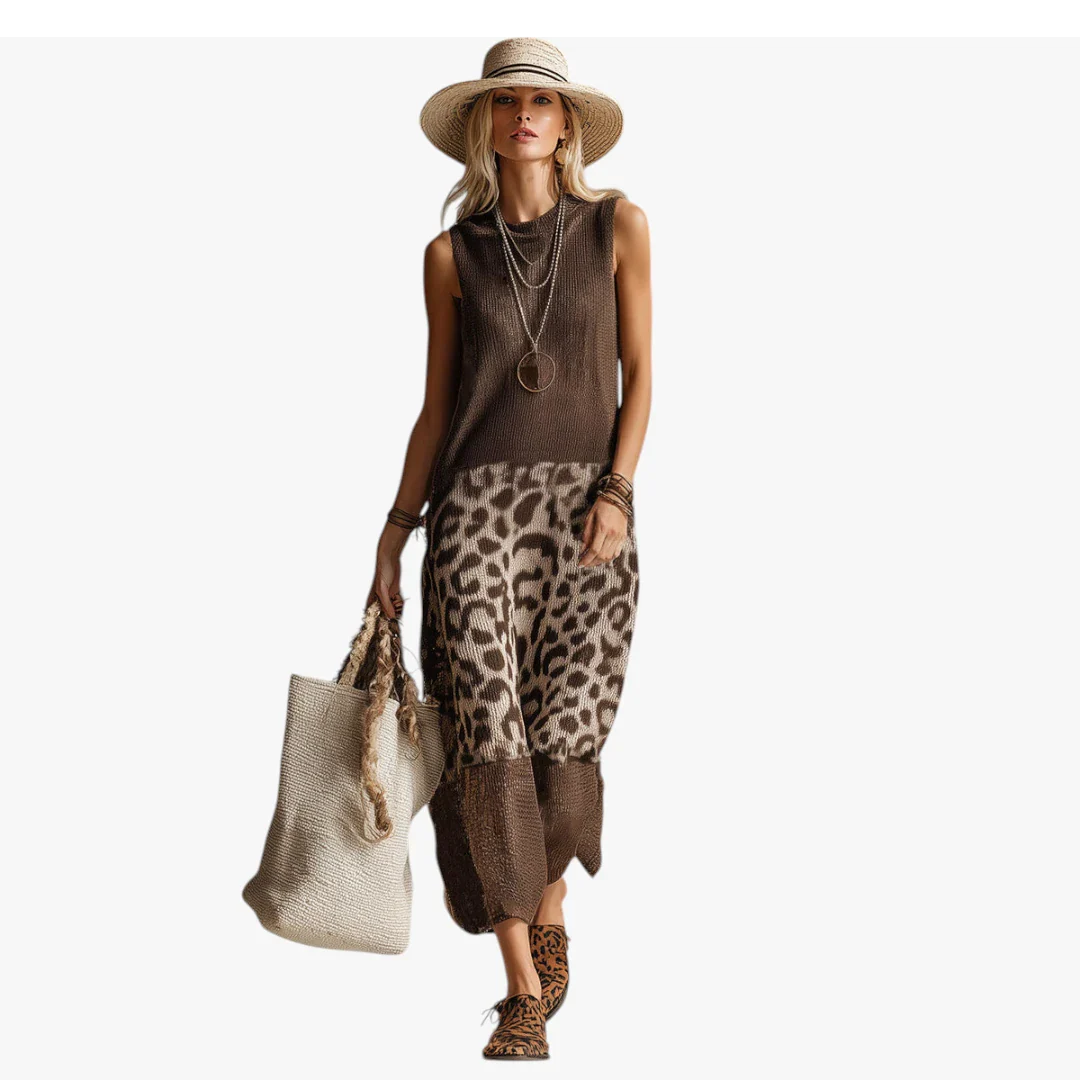 Dame Leopard Midi Sommerkjole med Uden Ærmer