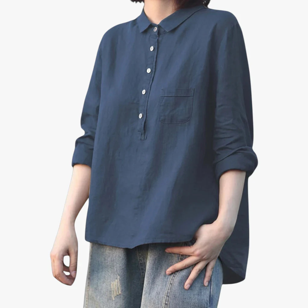 Dame Løs Sommerbluse med Langærmet Design og Lomme