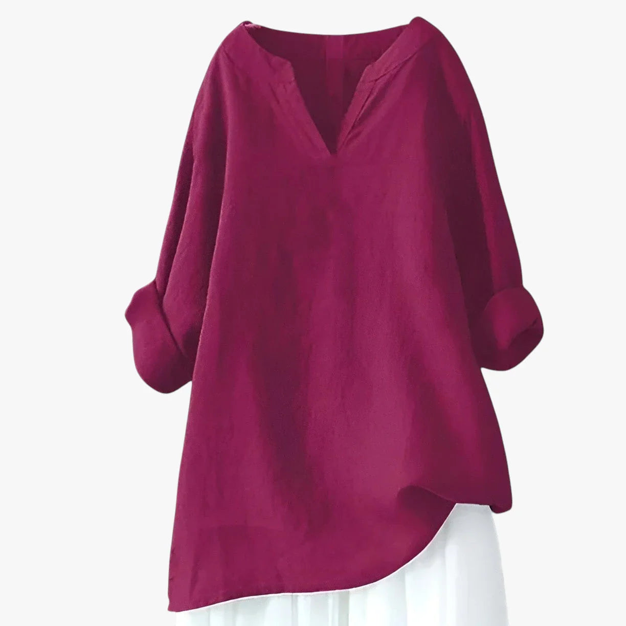 Dame Oversize Sommerbluse med V-Udskæring og Kinakrave