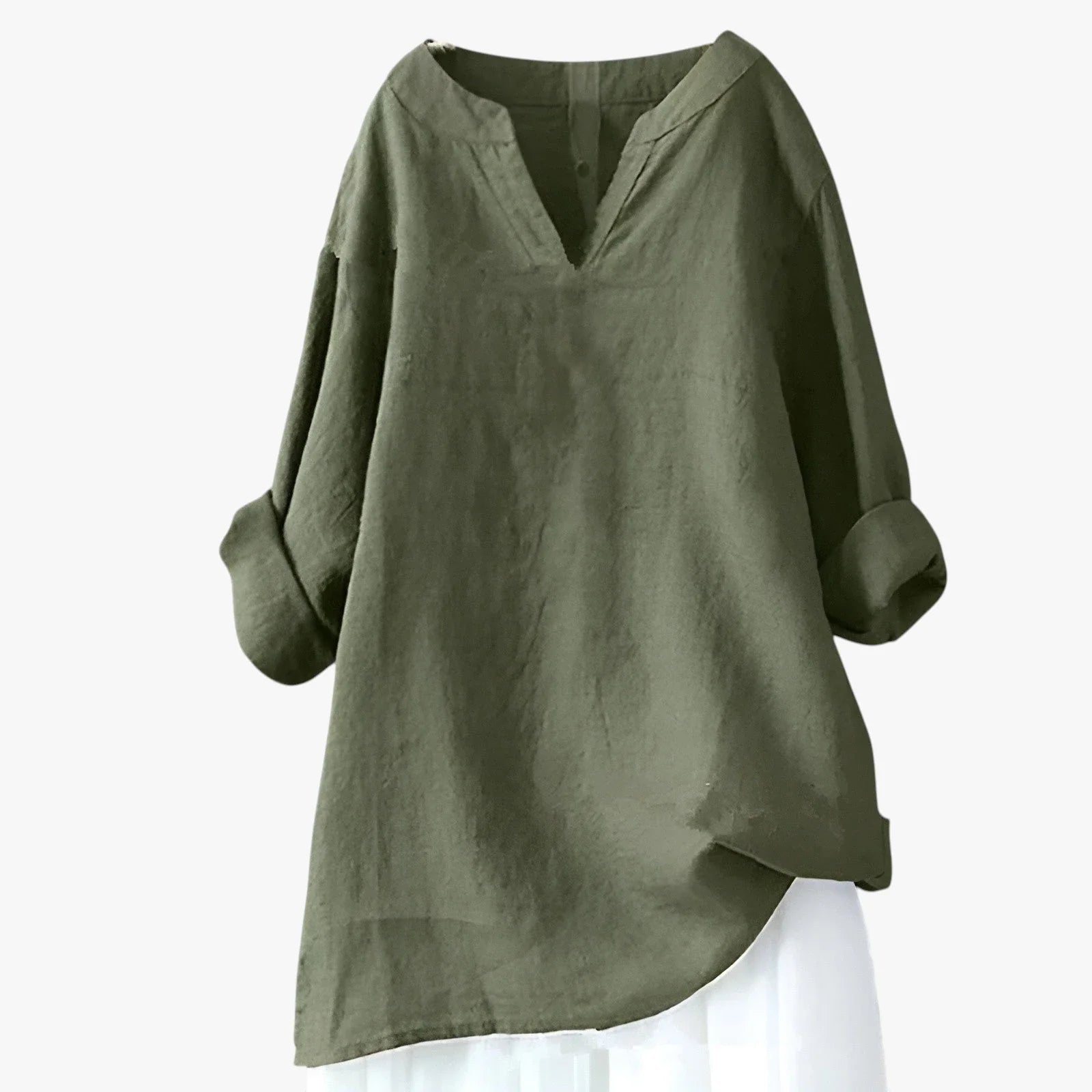 Dame Oversize Sommerbluse med V-Udskæring og Kinakrave