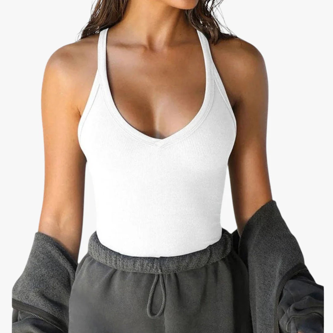 Dame Rib Tank Top med V-Udskæring og Åben Ryg