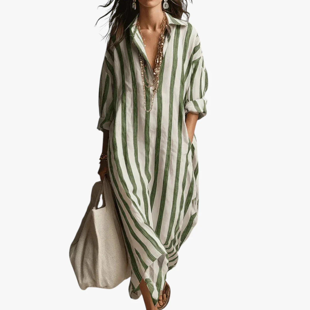 Dame Stribet Maxi Sommerkjole med V-hals