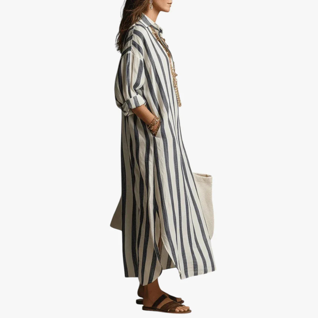 Dame Stribet Maxi Sommerkjole med V-hals