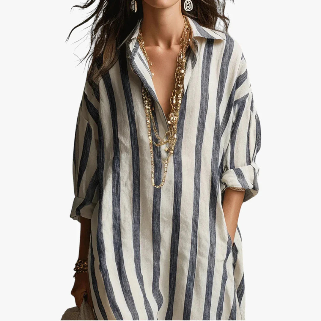 Dame Stribet Maxi Sommerkjole med V-hals