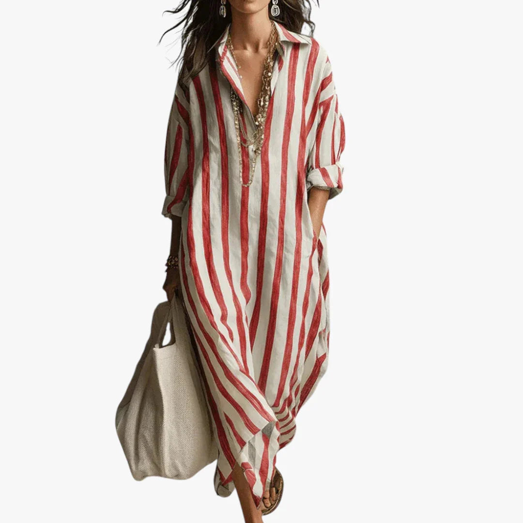 Dame Stribet Maxi Sommerkjole med V-hals