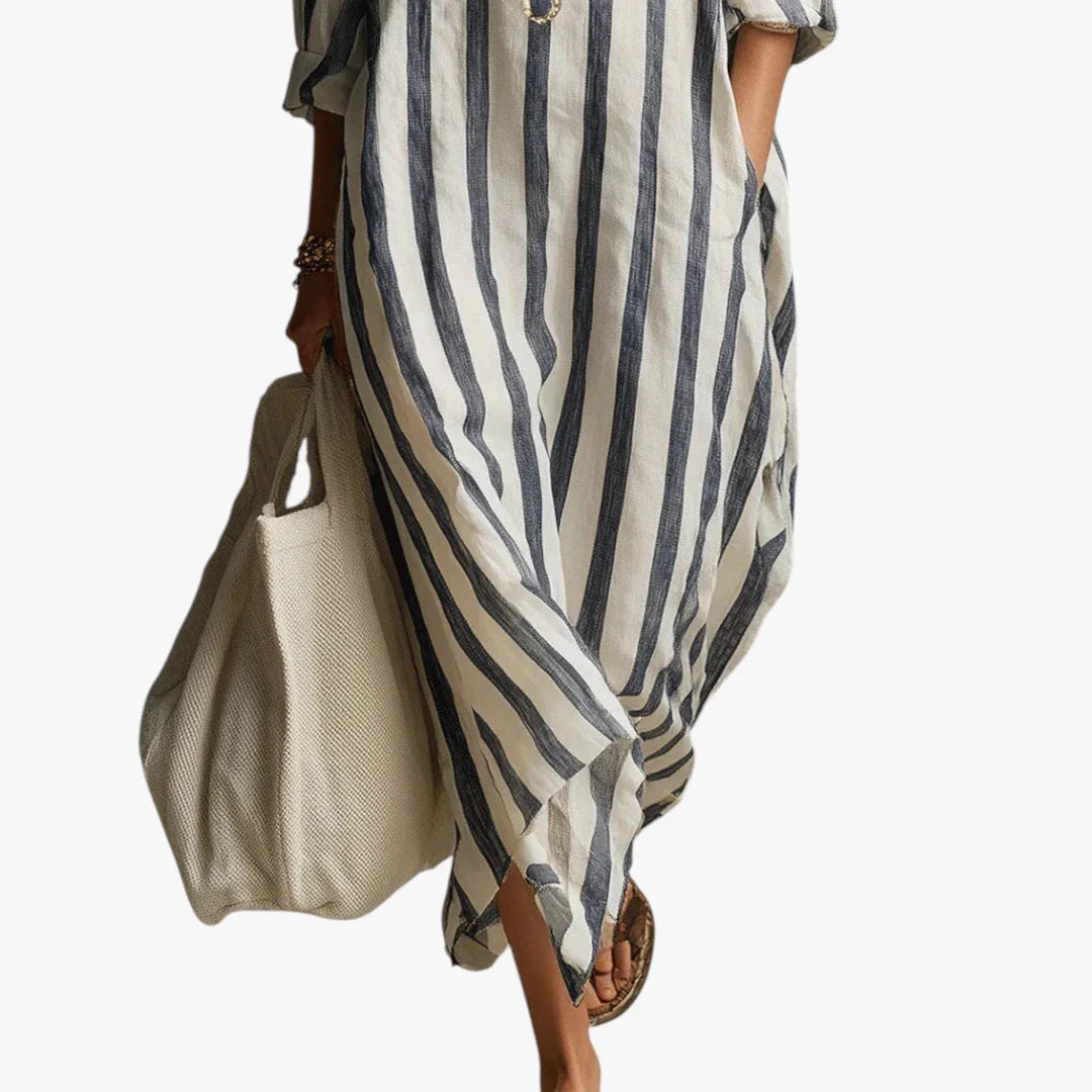 Dame Stribet Maxi Sommerkjole med V-hals