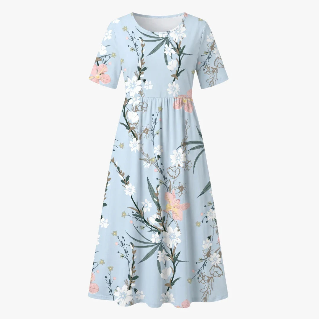 Dame Blomstret Midi Sommerkjole med Ærmer