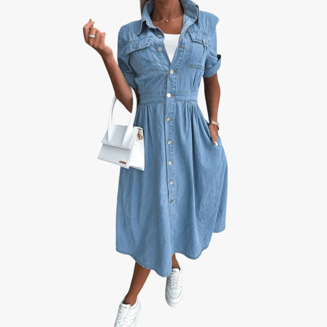 Dame Sommer Midi Denimkjole med Knapper og Krave