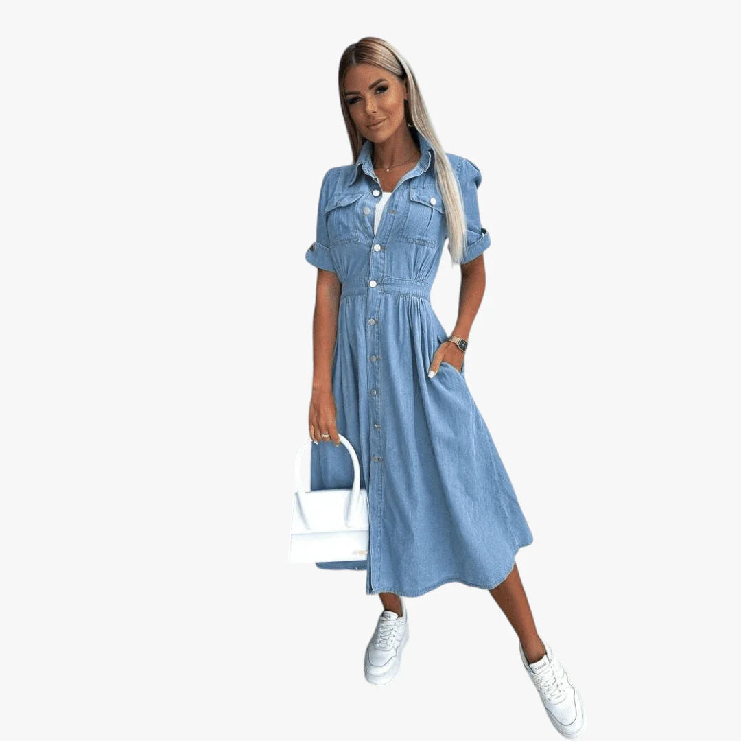 Dame Sommer Midi Denimkjole med Knapper og Krave