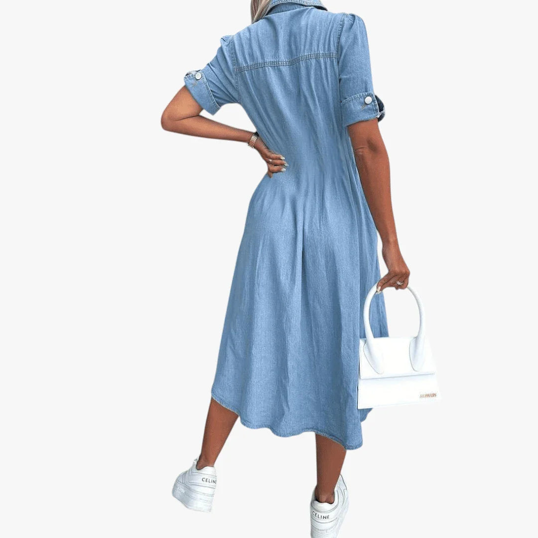 Dame Sommer Midi Denimkjole med Knapper og Krave