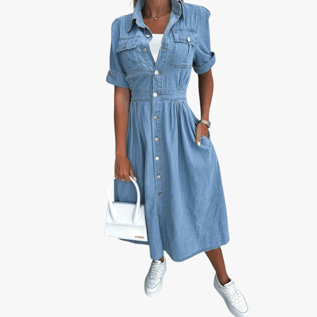 Dame Sommer Midi Denimkjole med Knapper og Krave