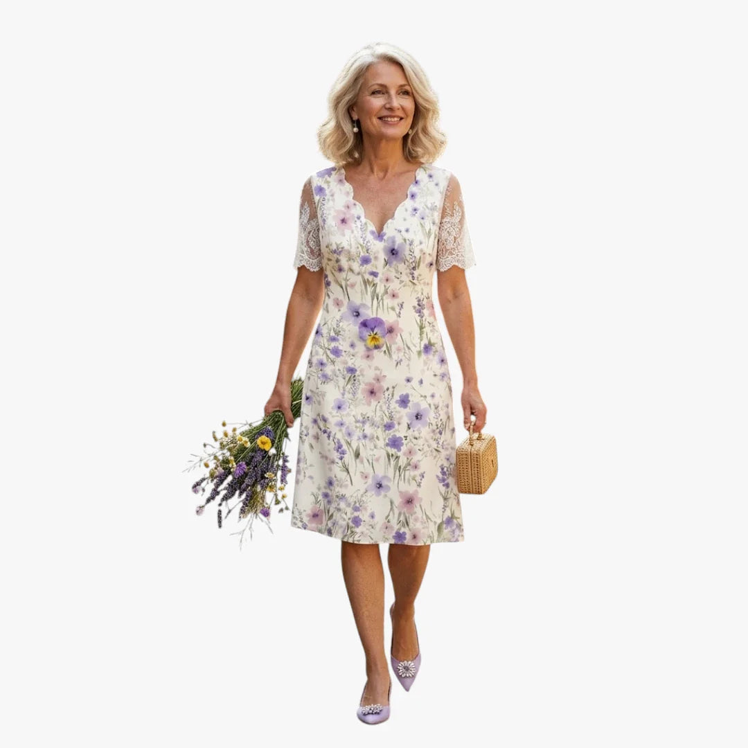 Dame Blomstret Midi Sommerkjole med Blonder
