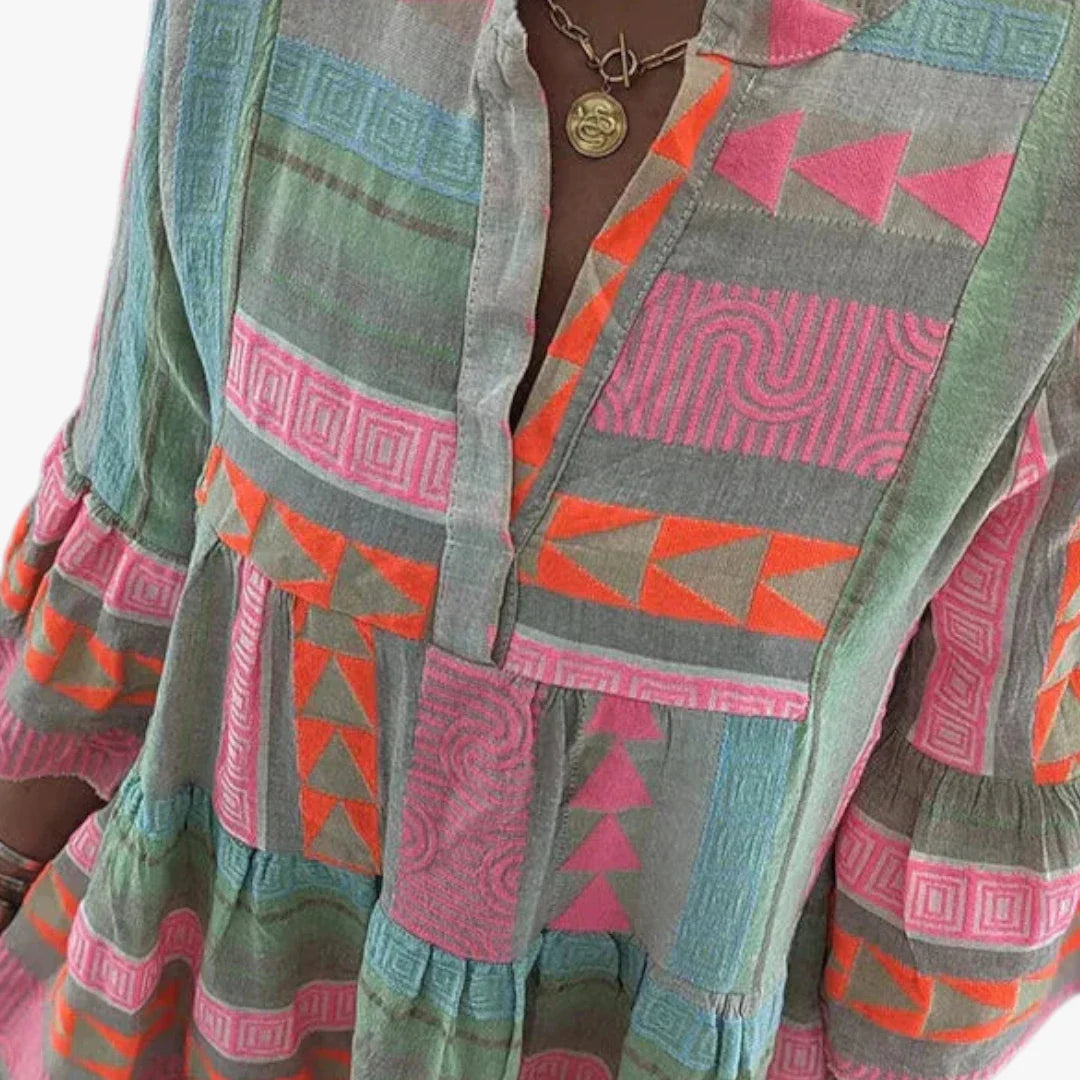 Dame Boho Mini Sommerkjole med Flæser og V-udskæring