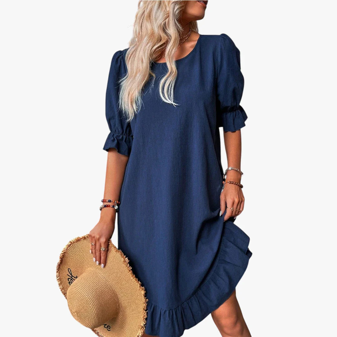 Dame Midi Sommerkjole med Pufærmer og Flæser