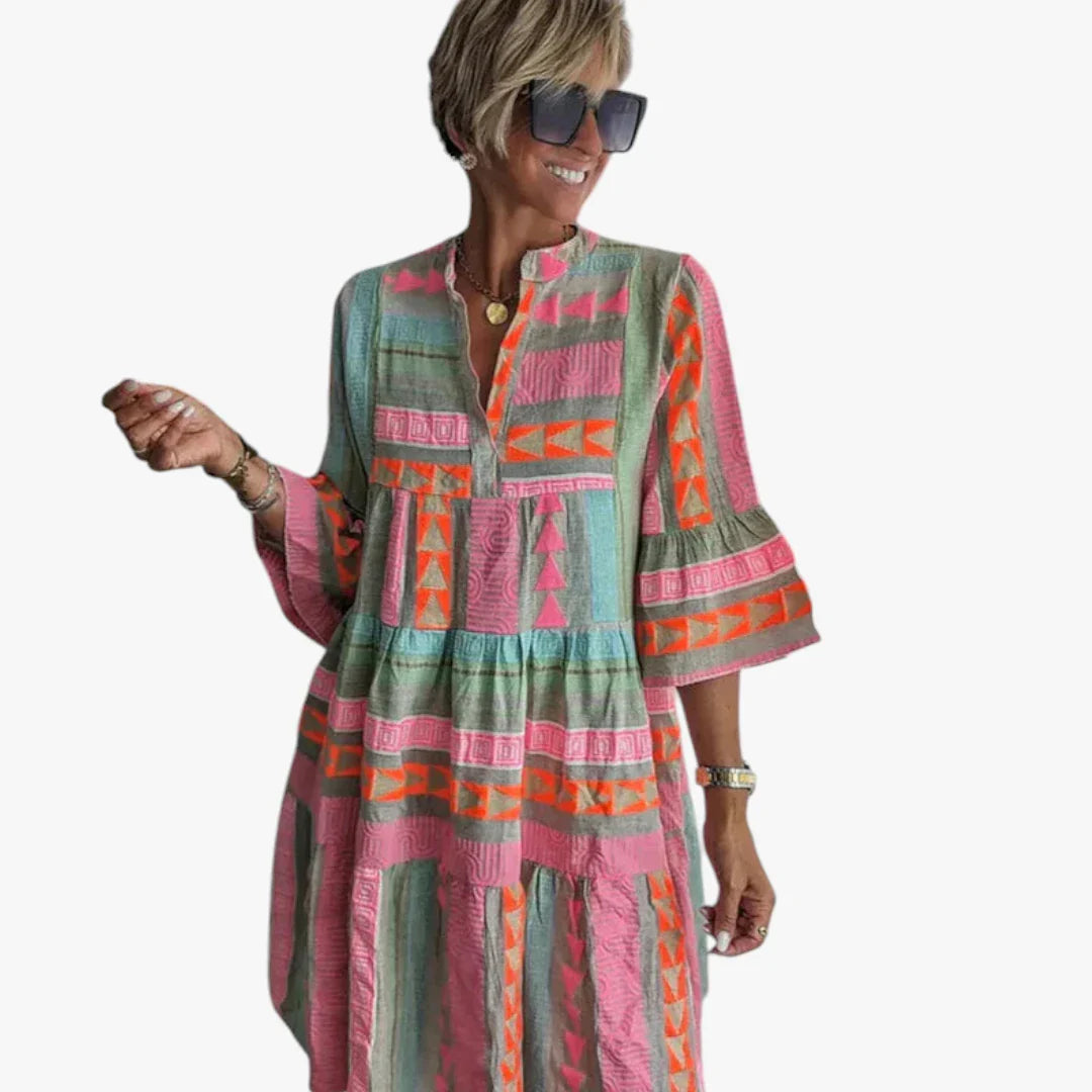 Dame Boho Mini Sommerkjole med Flæser og V-udskæring