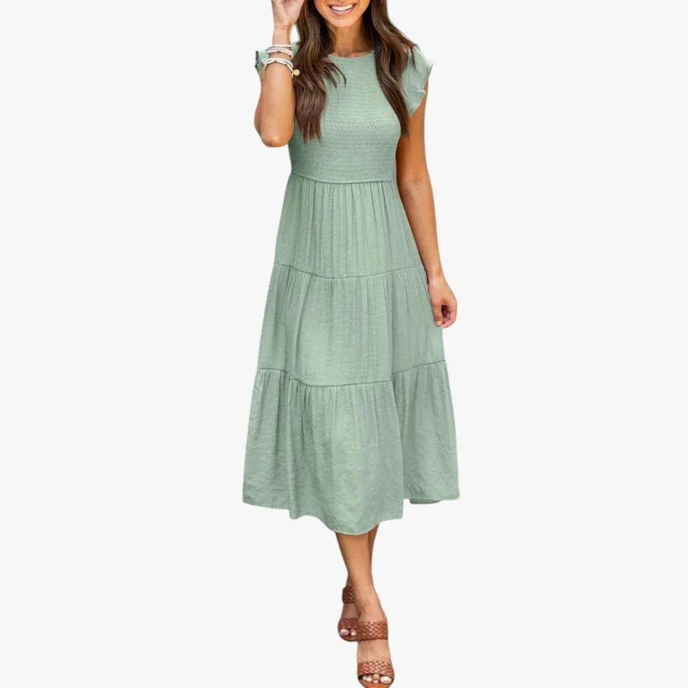 Dame Elegant Midi Sommerkjole med Smock og Flæser