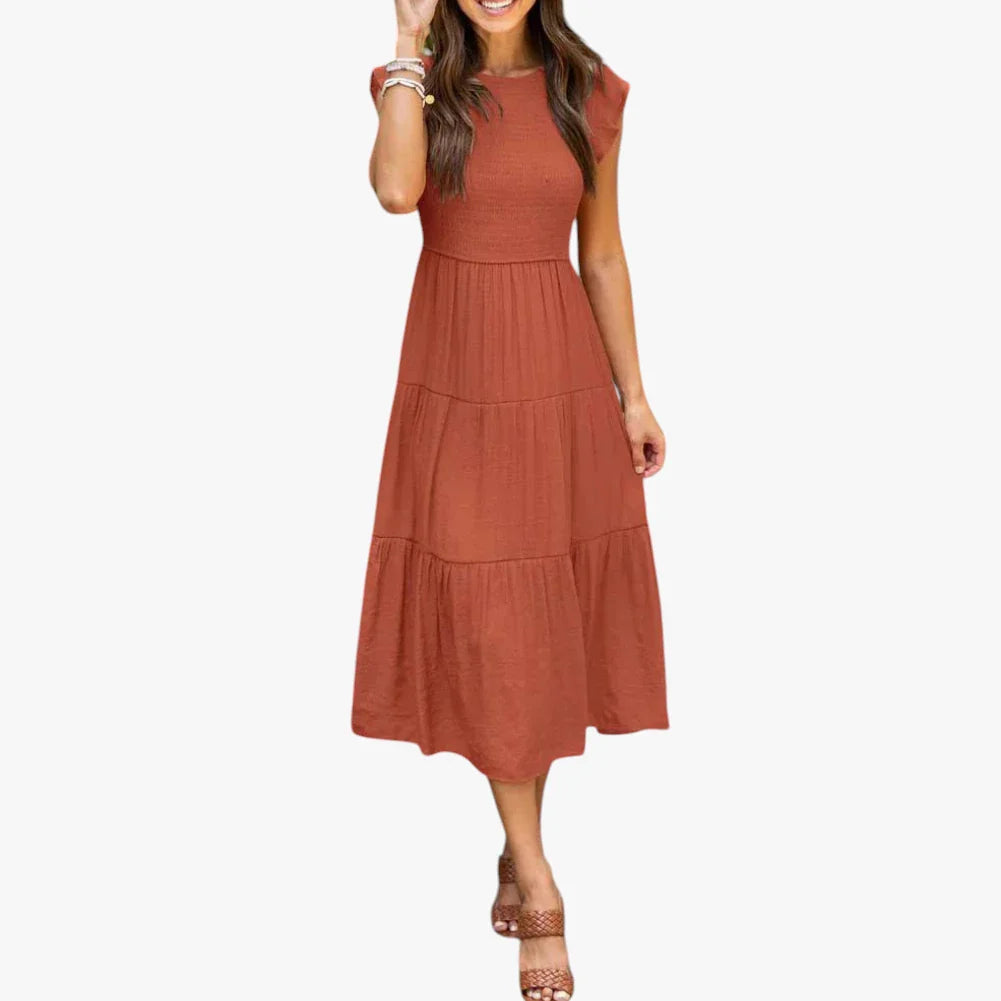 Dame Elegant Midi Sommerkjole med Smock og Flæser