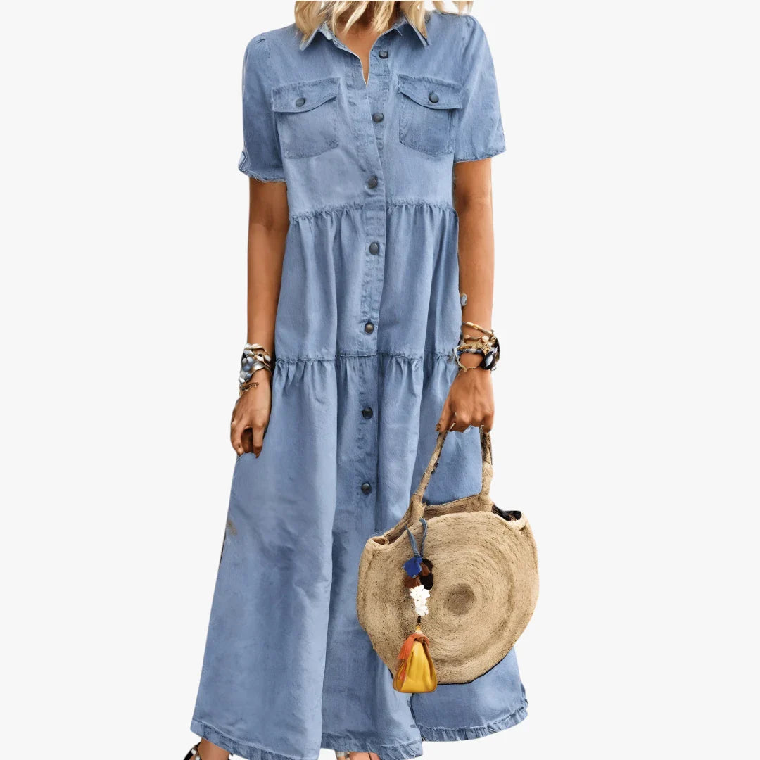 Dame Boho Maxi Denimkjole med og Knappe