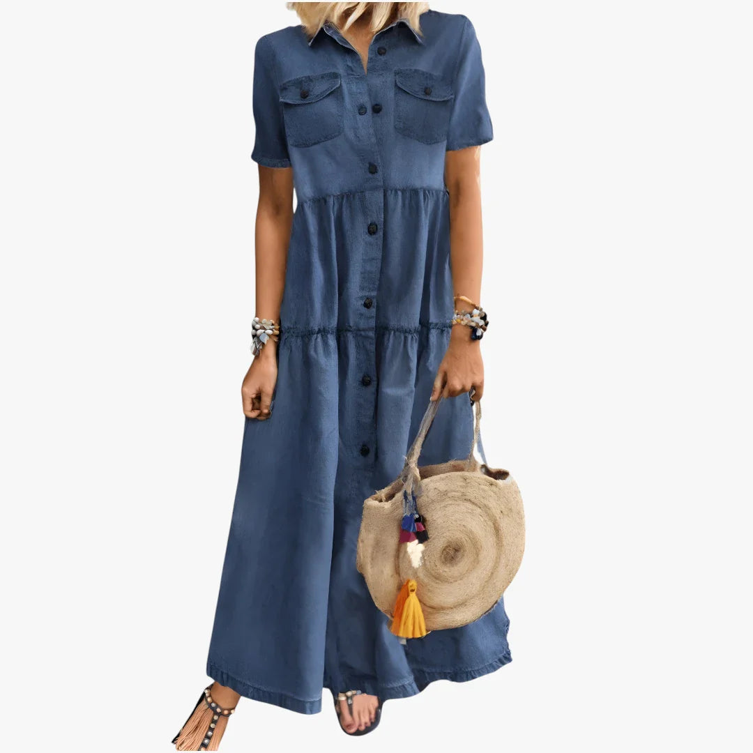 Dame Boho Maxi Denimkjole med og Knappe