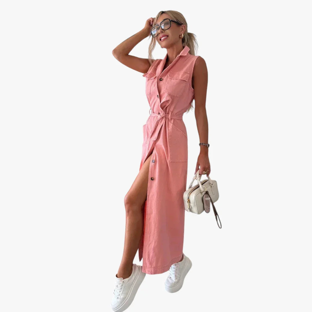 Dame Sommer Maxi Denimkjole med Knapper og Bindebånd