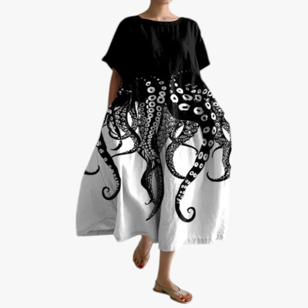 Dame Blomstret Midi Sommerkjole med Oversize Pasform og Rund Hals