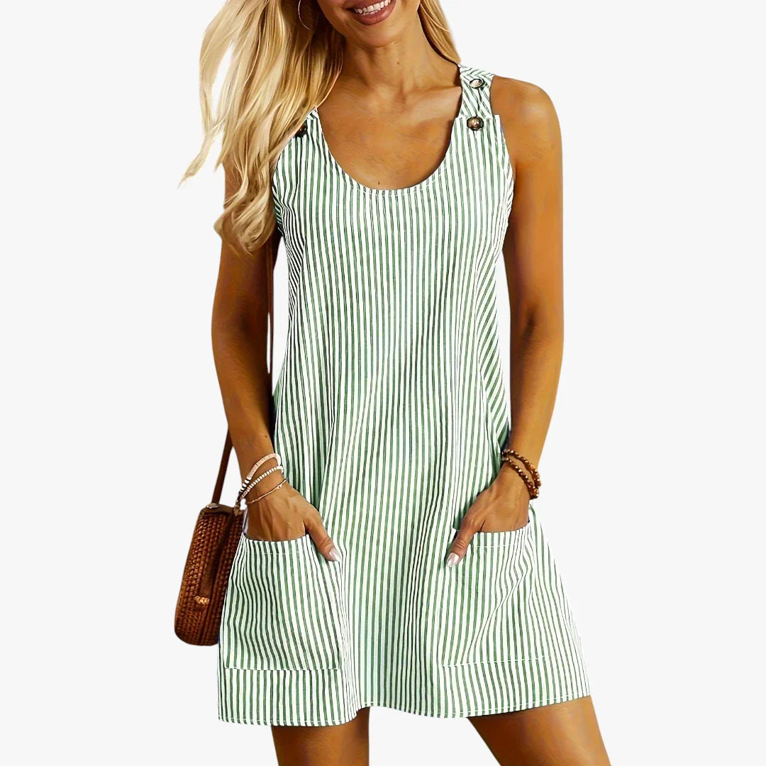 Dame Stribet Mini Sommerkjole med Knapper og Lommer
