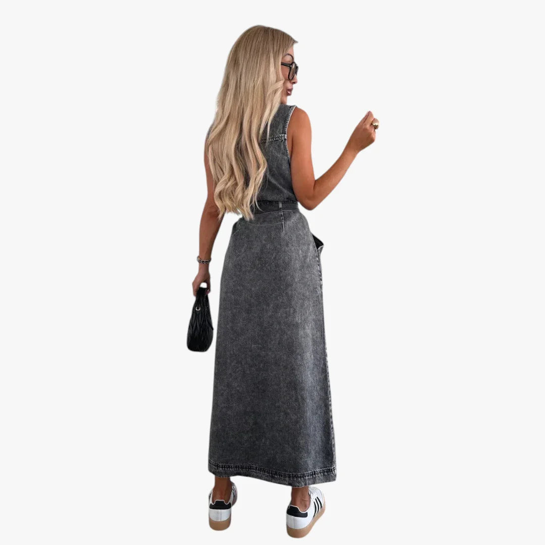 Dame Sommer Maxi Denimkjole med Knapper og Bindebånd