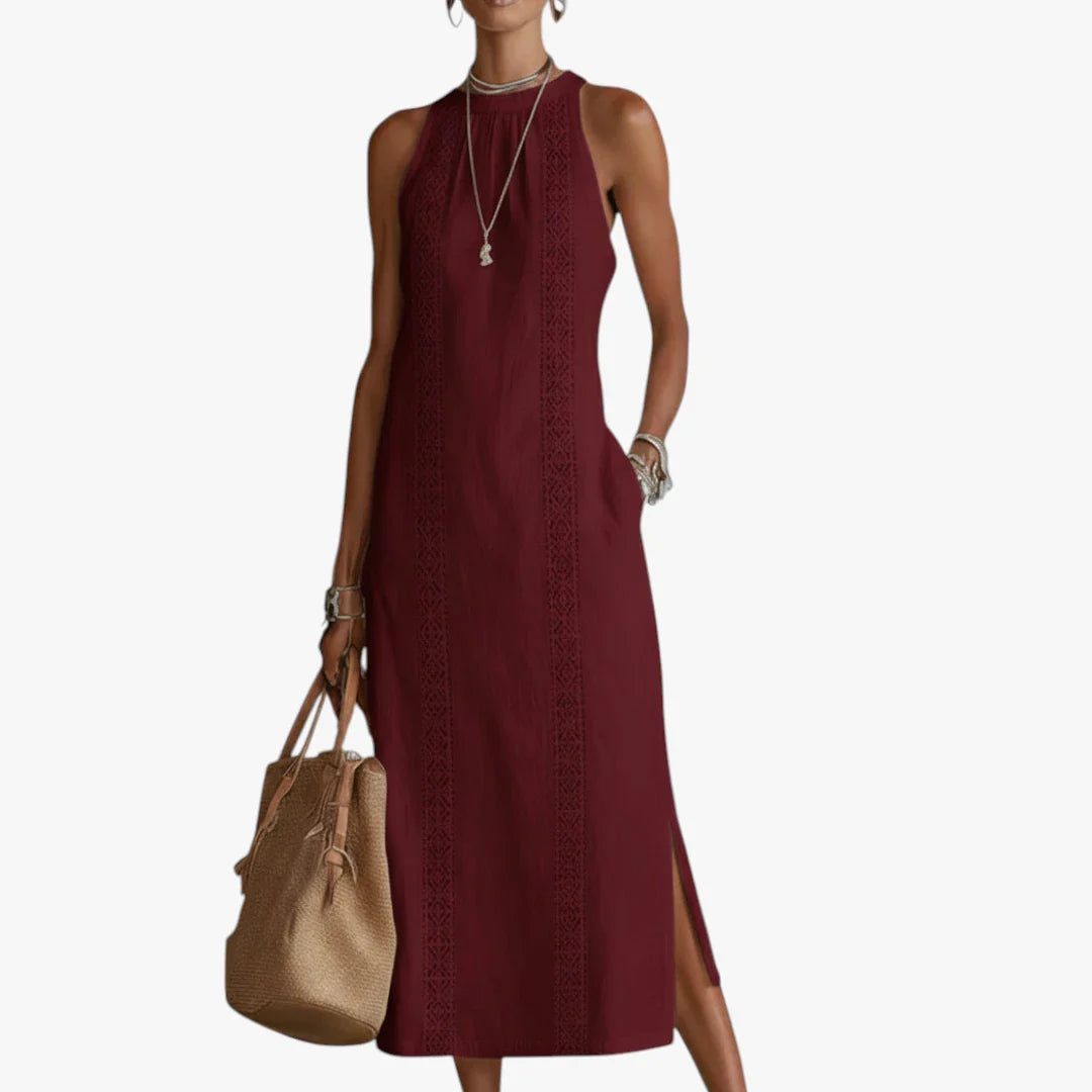 Dame Elegant Midi Sommerkjole med Halterneck og Sidelommer