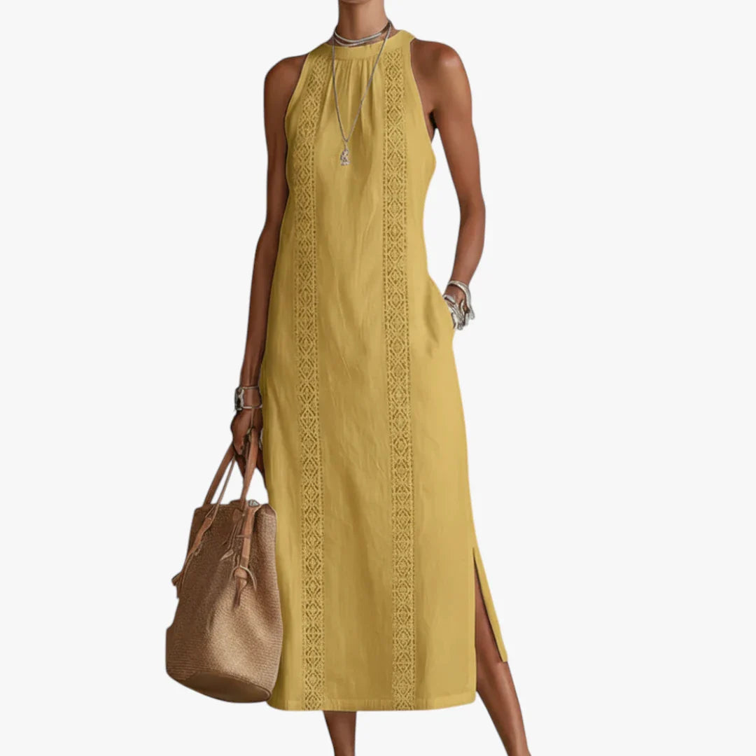Dame Elegant Midi Sommerkjole med Halterneck og Sidelommer