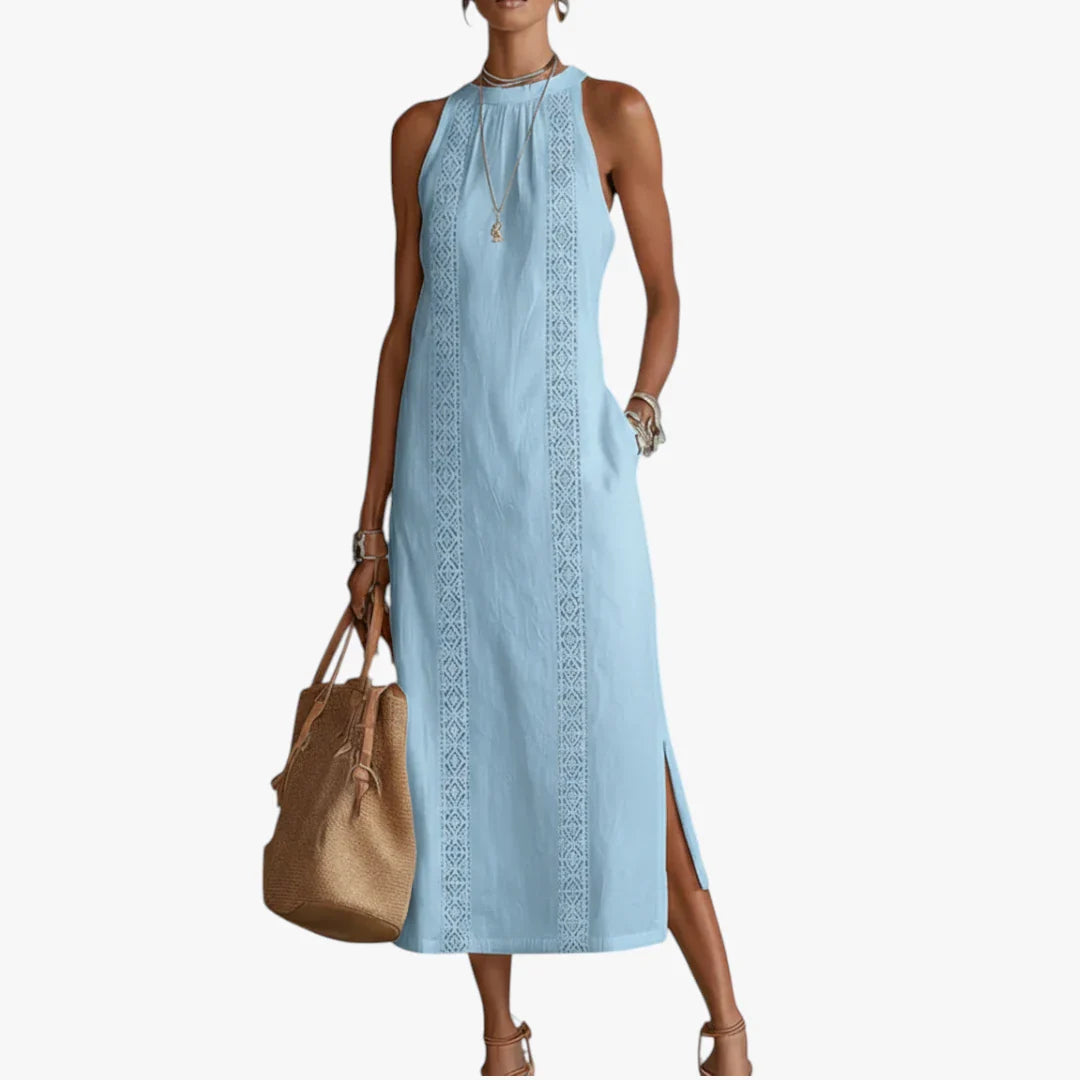 Dame Elegant Midi Sommerkjole med Halterneck og Sidelommer