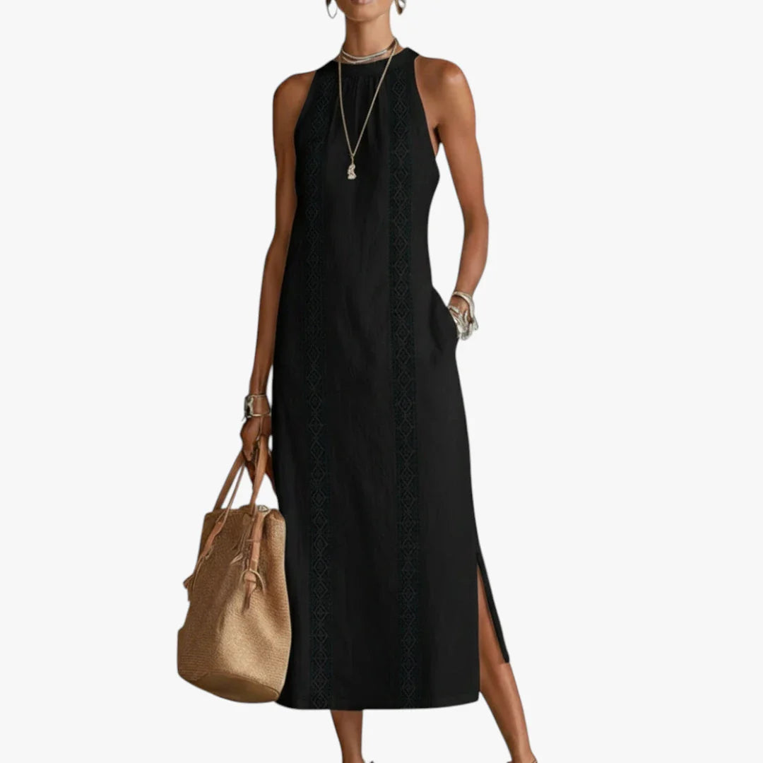 Dame Elegant Midi Sommerkjole med Halterneck og Sidelommer